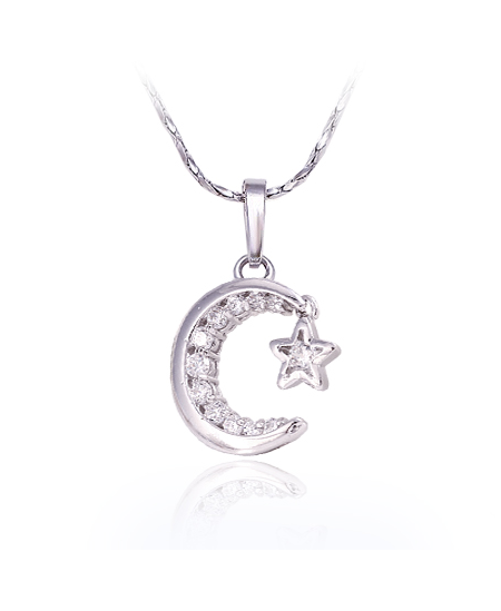 Rhodiovaný náhrdelník - řetízek a přívěsek Starry Night ve tvaru měsíce s hvězdou se zirkony