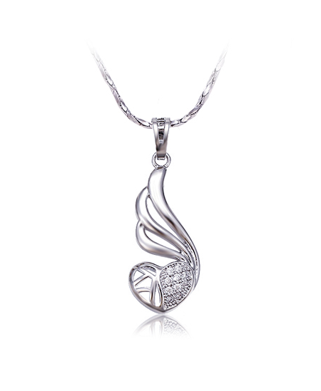 Rhodiovaný náhrdelník - řetízek a přívěsek Winged Heart ve tvaru okřídleného srdce se zirkony