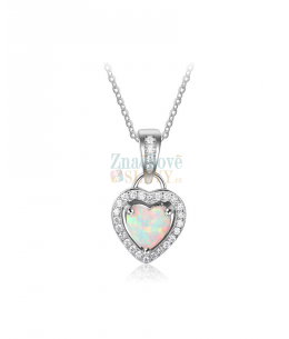 Stříbrný náhrdelník Heartlock - řetízek a přívěsek ve tvaru srdce se zirkony a opálem z pravého stříbra (925/1000)