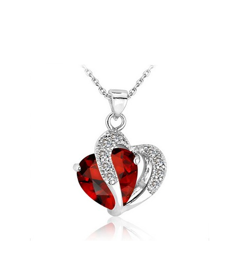 Krásný pozlacený přívěsek ve tvaru dvojitého srdce se zirkony a s krystalem s imitací rubínu