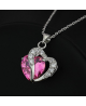 Krásný pozlacený přívěsek ve tvaru dvojitého srdce se zirkony a s krystalem s imitací růžového rubínu