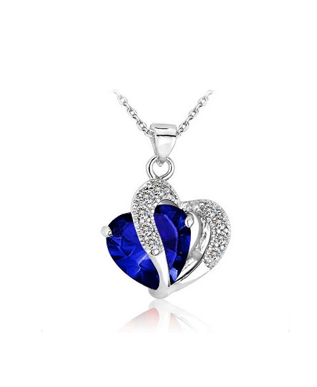 Krásný rhodiovaný přívěsek ve tvaru dvojitého srdce se zirkony a s krystalem s imitací safíru